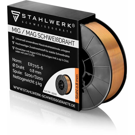 STAHLWERK MIG/MAG Schweißdraht Ø 0,8 Mm, Stahl SG 3 ER70S-6, Auf 5 Kg S200/D200 Drahtrolle Mit 50 Mm Dorn, Universell Einsetzbar 2 STAHLWERK MIG/MAG Schweißdraht Ø 0,8 Mm, Stahl SG 3 ER70S-6, Auf 5 Kg S200/D200 Drahtrolle Mit 50 Mm Dorn, Universell Einsetzbar