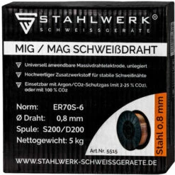 STAHLWERK MIG/MAG Schweißdraht Ø 0,8 Mm, Stahl SG 3 ER70S-6, Auf 5 Kg S200/D200 Drahtrolle Mit 50 Mm Dorn, Universell Einsetzbar 6 STAHLWERK MIG/MAG Schweißdraht Ø 0,8 Mm, Stahl SG 3 ER70S-6, Auf 5 Kg S200/D200 Drahtrolle Mit 50 Mm Dorn, Universell Einsetzbar -MIG-Schweißen Verkaufsgeschäft 18771219 3